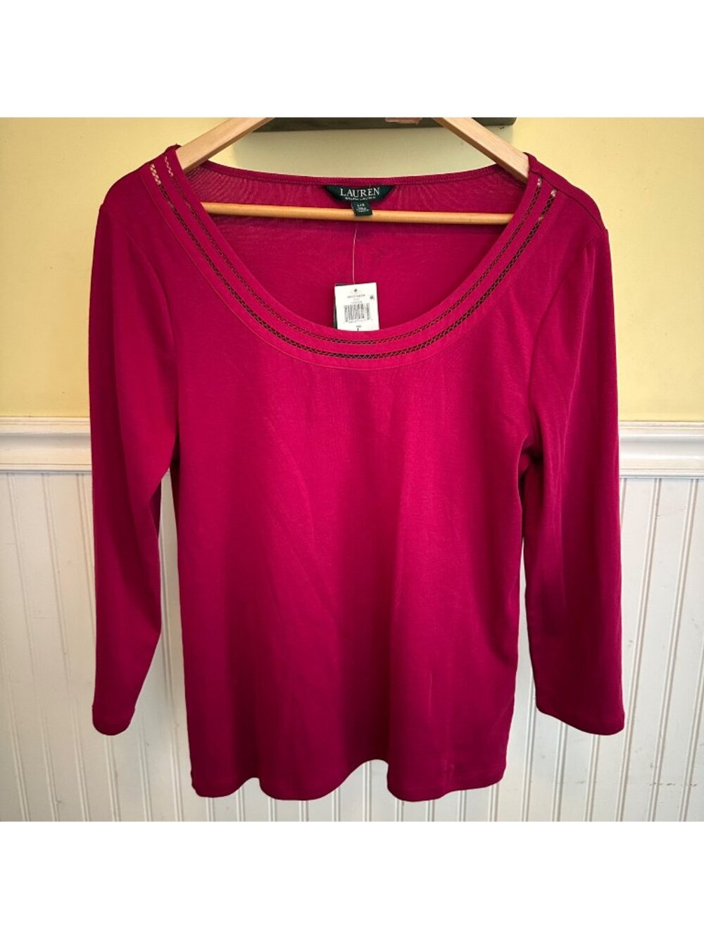 Lauren Ralph Lauren Fuchsia Long Sleeve Scoop Neck Top L Cotton Blend Womens